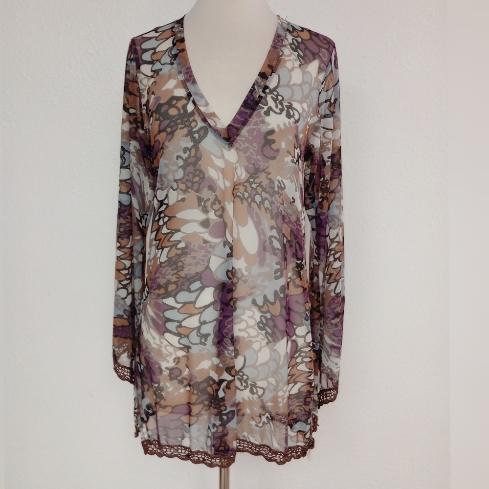 Letarte Abstract Multicolor Floral Sheer Mesh Cover-Up Crochet Trim Size S